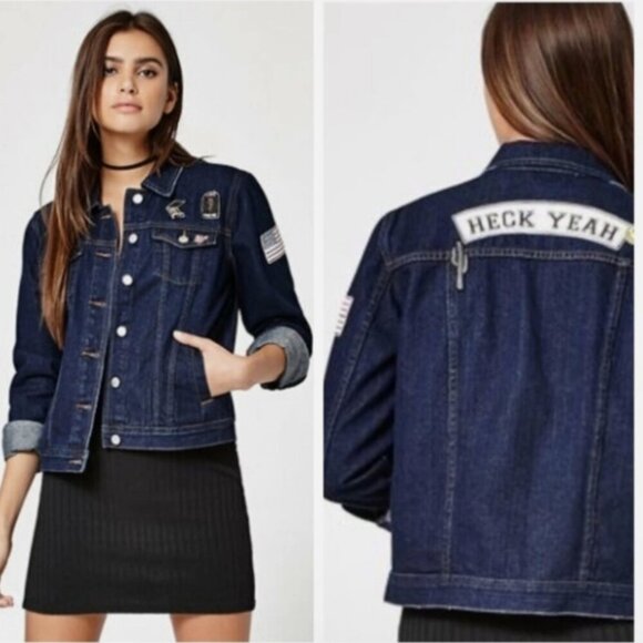 Kendall + Kylie Dark Wash 100% Cotton Patch Denim Jean Jacket Size M Trucker EUC - Picture 1 of 12